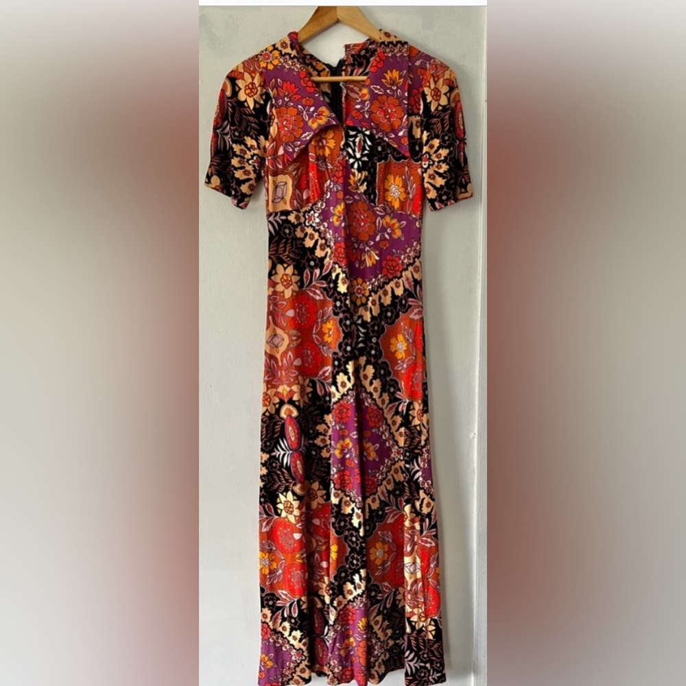 VTG 70’s Amazing Floral Paisley Mix Print Maxi Dress- Wing Collar -Sz 12 EUC ✌️🌼 - Picture 3 of 16